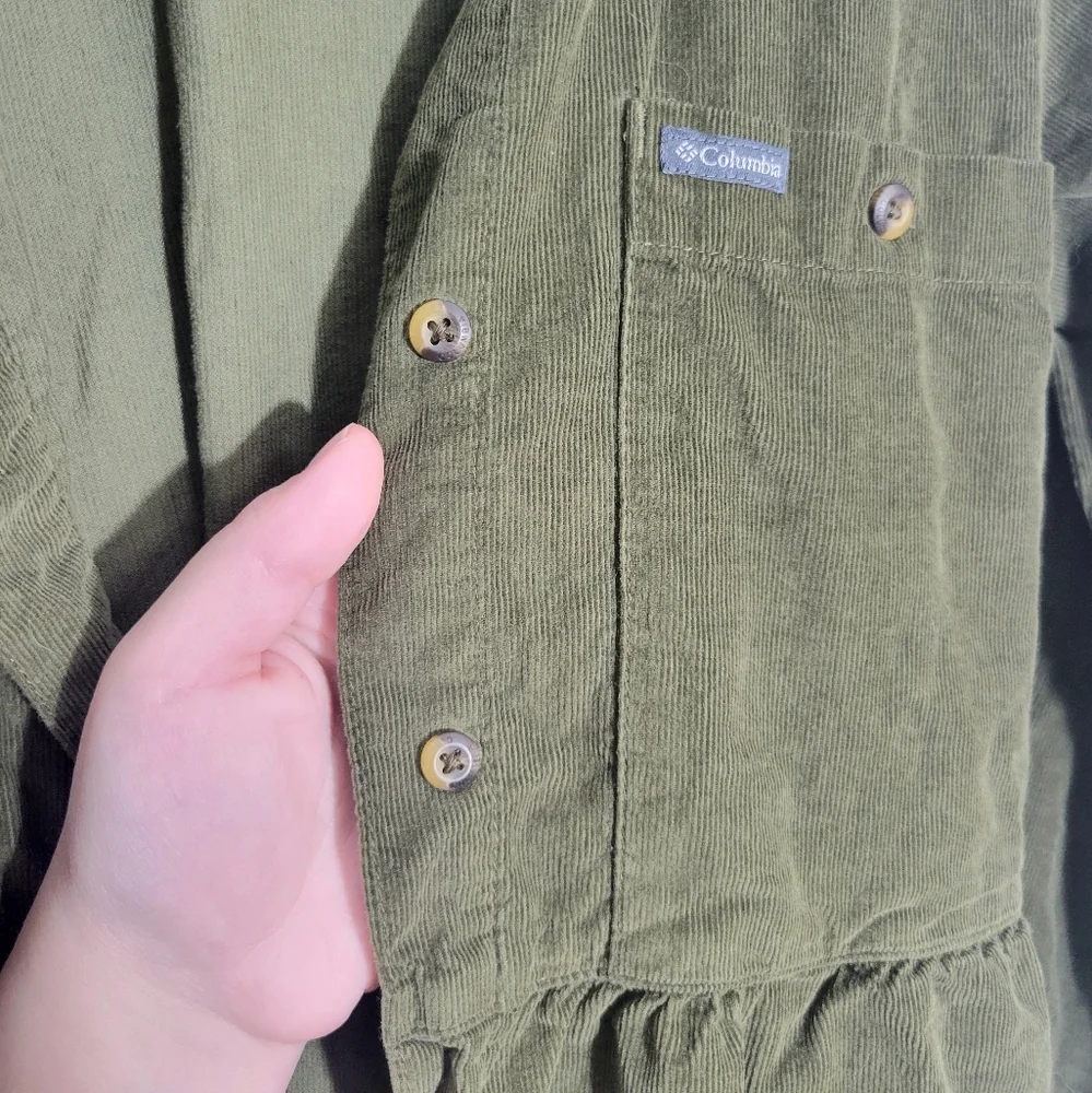 Columbia 100% cotton girls green corduroy long sleeve button up shirt dress L